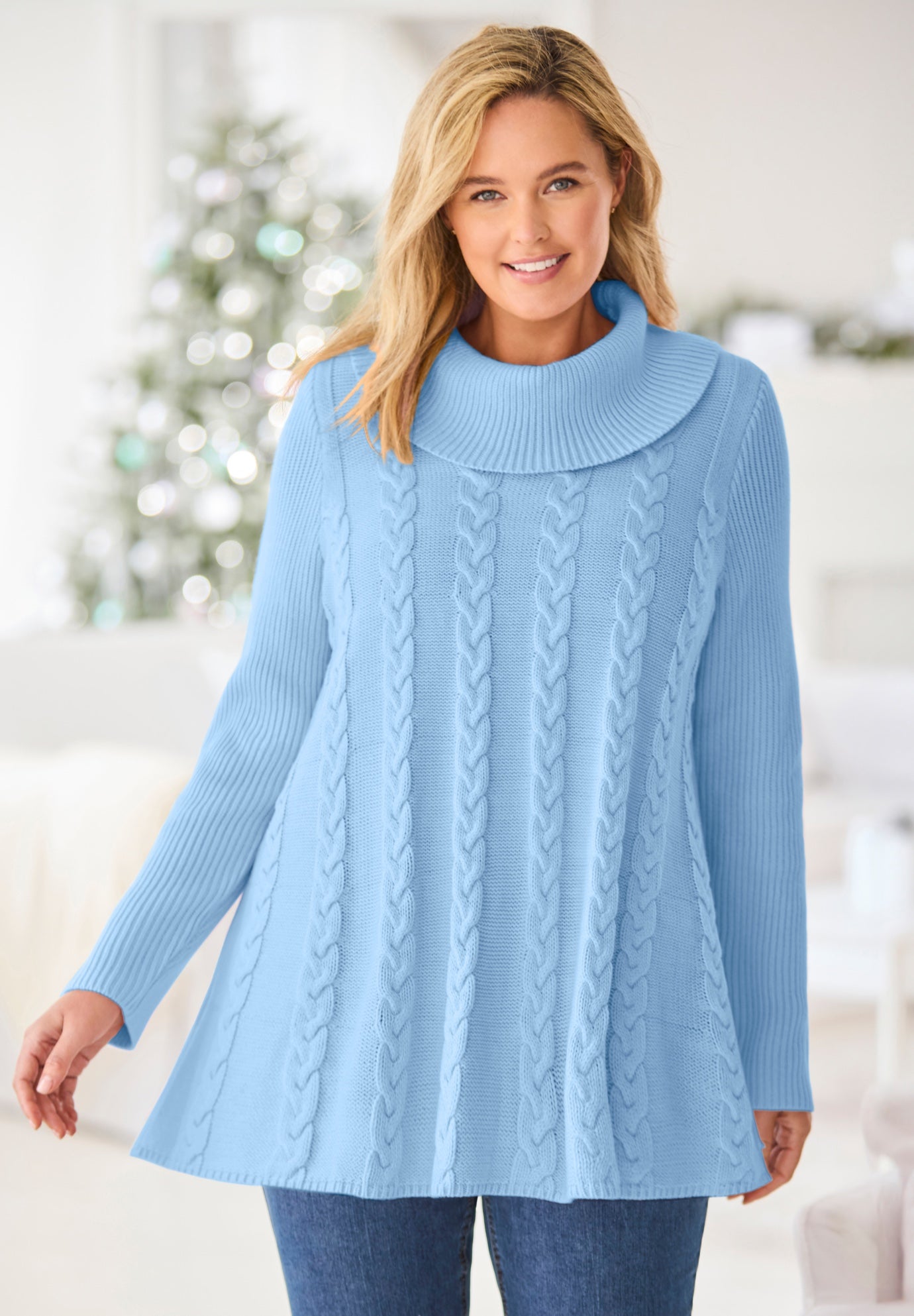 Cowl Neck Cable Knit Swing Sweater | Woman Within