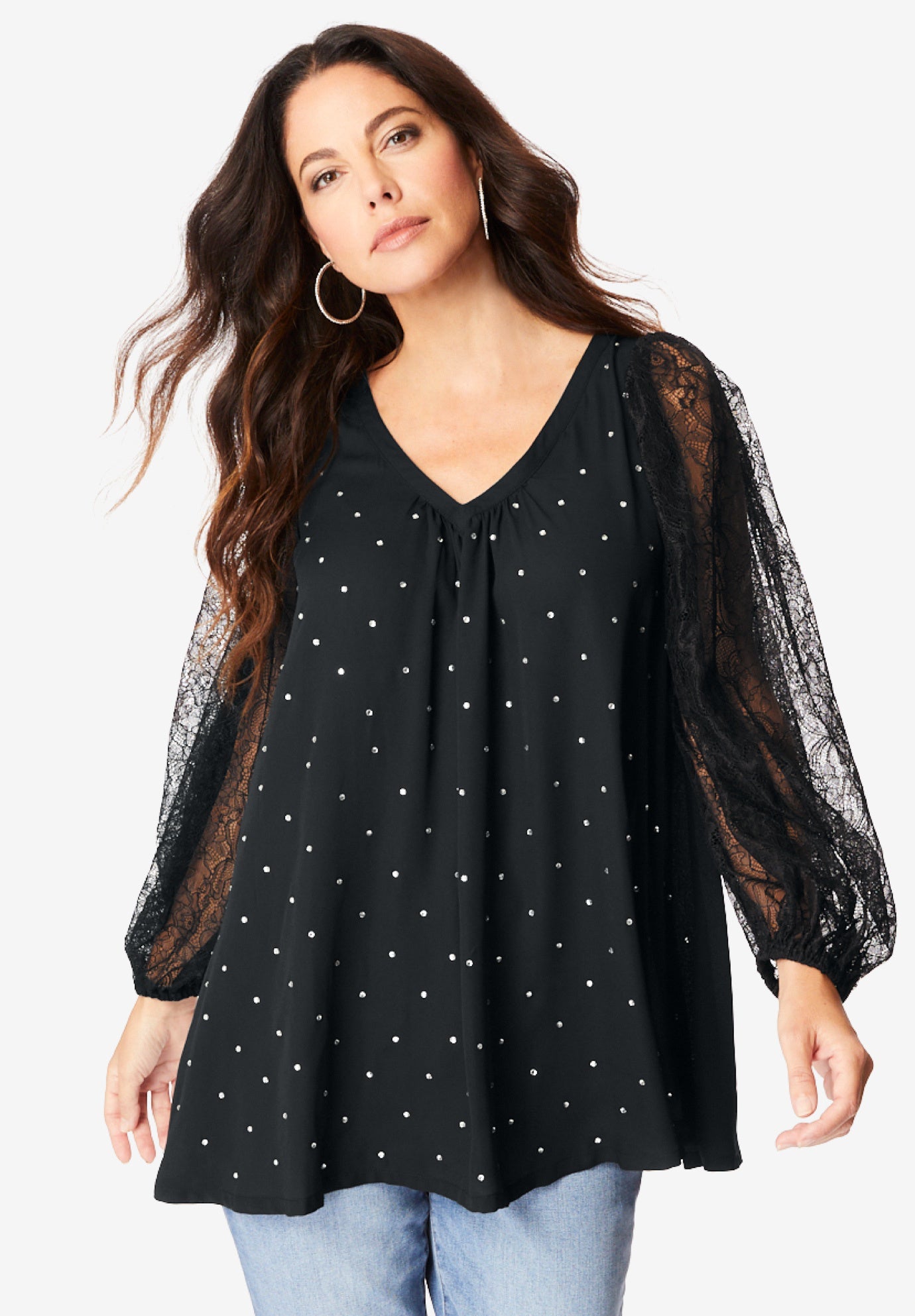 Lace and Georgette Rhinestone Top. | Roaman's – One Stop Plus