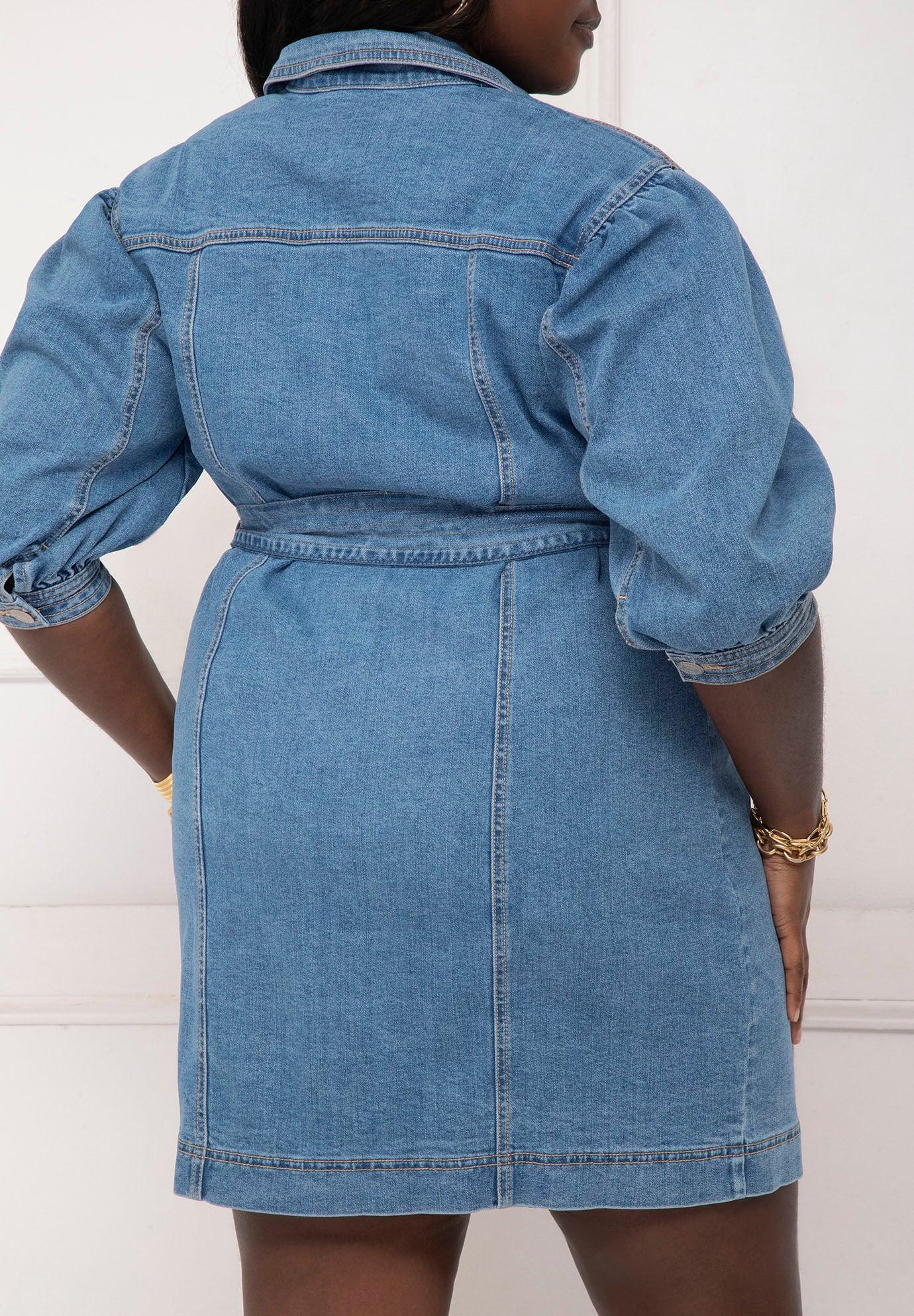 eloquii elements women's plus puff sleeve denim jacket dress ELOQUII Elements Puff Sleeve Denim Jacket Dress